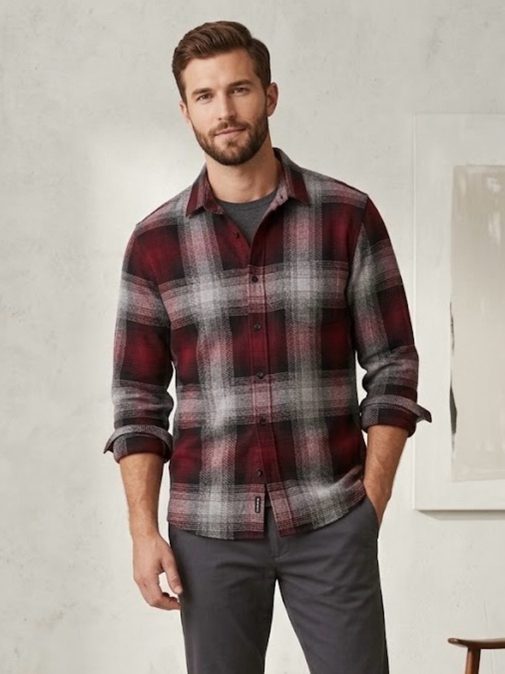 Express Men's Red and Gray Plaid Button-Down Shirt
